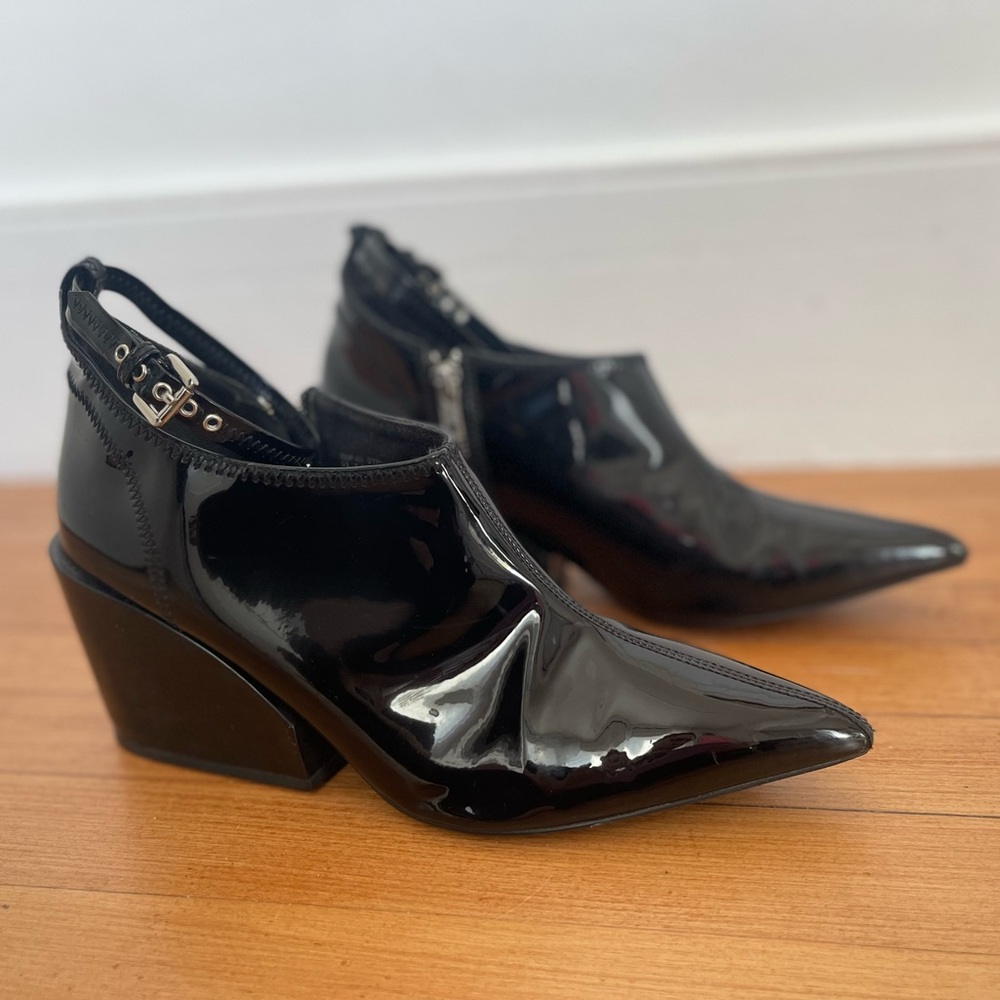 Cheap Monday Cube Black Patent Wedge Boots 9.5 - Picture 2 of 16